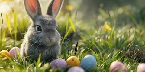 Zelfklevend Fotobehang Easter background with bunny and eggs Generative AI © València