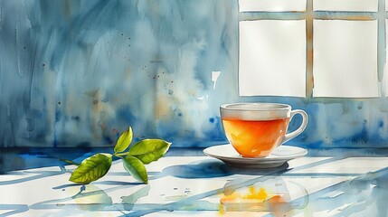 The cup is filled with tea and green leaves