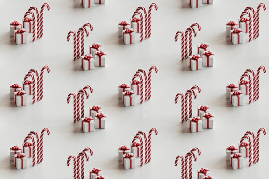 pattern of christmas gifts and candy canes