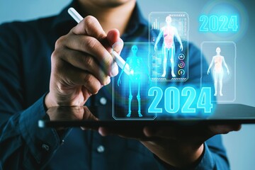 A man is drawing a skeleton on a tablet with the year 2024 in the background. Concept of progress and advancement in the field of medicine and technology medical tech trend 2024 