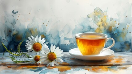 A cup of tea with chamomile flowers - obrazy, fototapety, plakaty