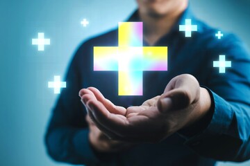 A man is holding a cross with a hand and surrounded by many stars. Concept of hope and positivity, as the man is holding the symbol of faith and the stars represent the infinite possibilities