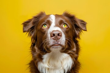 Furry brown and white dog with multicolored eyes in front of yellow background