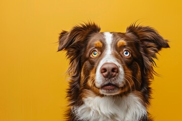 Furry brown and white dog with multicolored eyes in front of yellow background