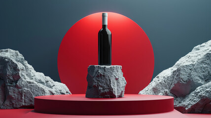 A stylish promotional photo of an expensive wine in a bottle among the stones. A bottle of wine on the pedestal or podium in trendy colors and shades