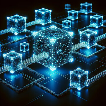 An abstract visualization of a blockchain network with glowing nodes and interconnected cubes symbolizing a secure, decentralized system.