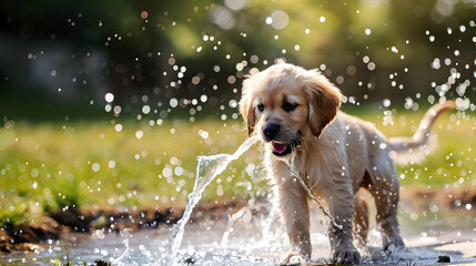 Playful Dog splashing water fun. Lovely dog having fun in river.