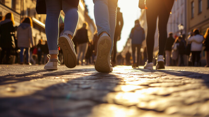 Close-up side view of feet of people walking on the streets of Stockholm