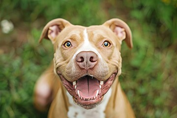 Happy tan and white Pitbull rescue dog