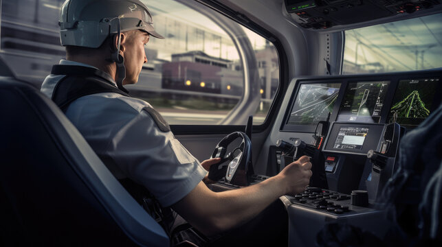 Train driver on workplace, driving high speed bullet train, view from behind and sideview.