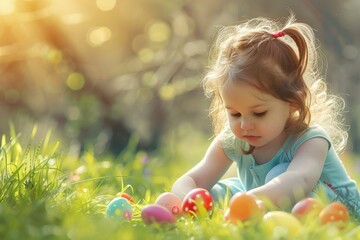 Little girl gathering Easter eggs