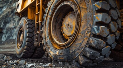 A close-up shot of a large yellow truck tire in an open-pit mining area. The photo was taken at a low angle. The background of freight transportation in the mining area.