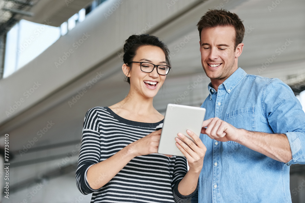 Sticker Happy people, creative and browsing with tablet for research, social media or communication at office. Man and woman with smile on technology or scrolling for online search or startup at workplace