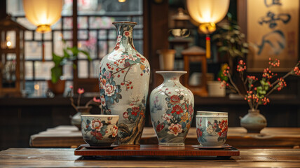 Traditional Chinese vases and cup on table.