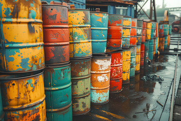 A row of colorful barrels is lined up neatly next to each other. Each barrel displays vibrant colors and unique designs, creating a visually striking display