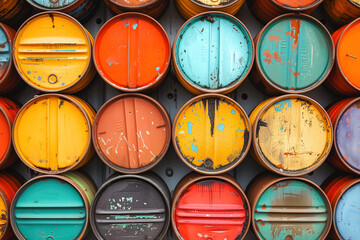 A cluster of barrels, used for storing liquids, are piled on top of one another in an industrial setting. The barrels are of varying sizes and colors, creating a structured and organized stack
