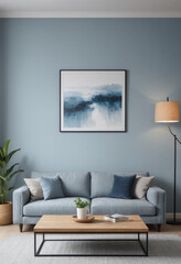 home living room, sofa, coffee table, Simple and clean background wall, bright picture, Blue-gray tone, eye level