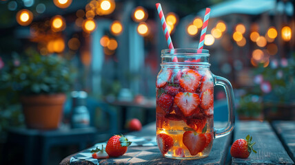 Mason jar with strawberry drink on table