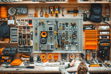 A man is actively engaged in working on a workbench that is filled with various tools and equipment. He is focused on assembly tasks, utilizing standard tools to complete the work efficiently