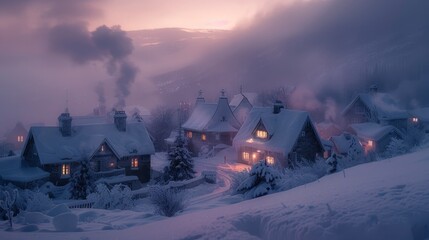 A snowy village at dusk, the cottages covered in a thick layer of snow, warm light spilling from windows, smoke rising from chimneys, a scene of warmth and community amid the cold.