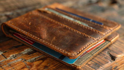 Fototapeta na wymiar A brown leather wallet with cards