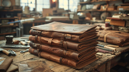 A stack of leather-bound journals in a workshop