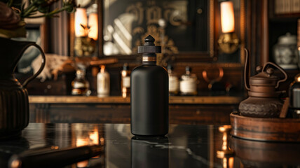 Fototapeta na wymiar An elegant matte grooming oil bottle on wood.
