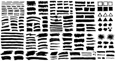Brush strokes vector. Set of rectangle, square, triangular and burst text boxes