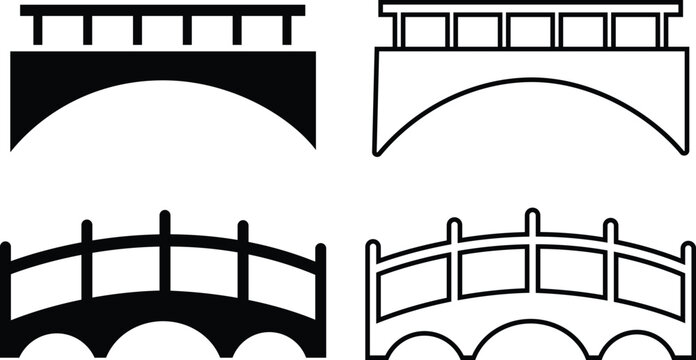 Bridge, icon Various bridge. Line and flat set with editable stroke. architecture sign collection. construction symbol . beam truss cantilever tied arch suspension, isolated on transparent background.