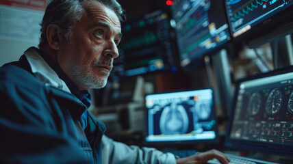 Obraz premium Mature man working in control room.