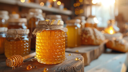 Jars of honey on a wooden table - obrazy, fototapety, plakaty