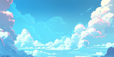 A beautiful sky with fluffy white clouds, in the cartoon style romanticized landscapes Generative AI