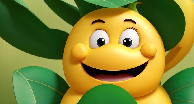A cartoon character with a big smile on its face, peeking out from behind a leafy plant.