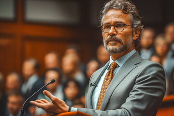 A lawyer is standing confidently at a podium, addressing a crowd with compelling closing arguments. The audience appears engaged and attentive, listening intently to the speakers persuasive words - obrazy, fototapety, plakaty