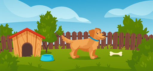 Cartoon doghouse on backyard in summer with dog character near house with trees and bushes.