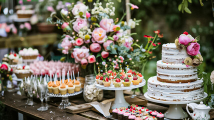 Wedding decoration in the cottage, floral country wedding decor, cake and event celebration, English countryside style