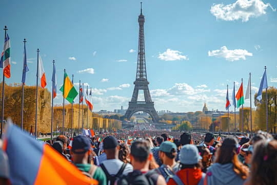 A large group of Olympic fans gathered in front of the iconic Eiffel Tower, looking up and taking photos on a bright day