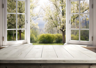 Spacious spring window overlooking white wood table, blank area for text