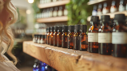 Aromatherapy oils on a shelf - obrazy, fototapety, plakaty