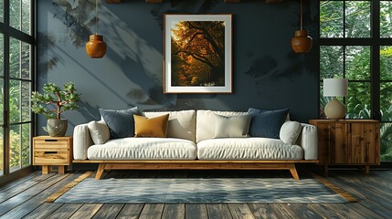 modern living room mock up with leather armchair on wood flooring and dark blue wall