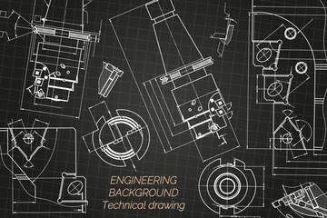 Mechanical engineering drawings on black background. Tap tools, borer. Technical Design. Cover. Blueprint. Vector illustration.