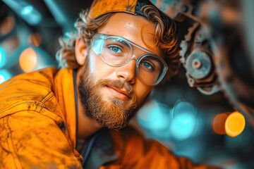 A man with glasses is wearing a bright yellow jacket while engaged in work on a standard scale undercarriage of a vehicle