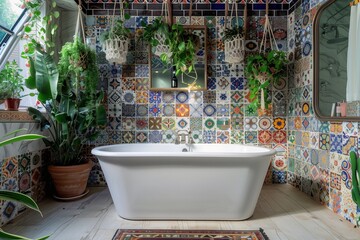 Bohemian Bathroom Oasis with Patterned Tiles and Hanging Plants