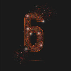 Abstract isolated orange image of a number six. Polygonal illustration looks like stars in the blask night sky in spase or flying glass shards. Digital design for website, web, internet. - obrazy, fototapety, plakaty