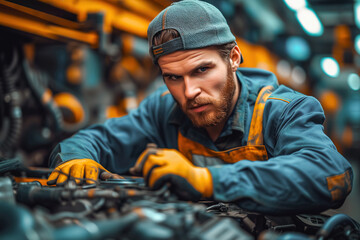 A skilled auto mechanic is meticulously working on a car engine in a factory setting. He is using various tools and equipment to repair and maintain the engine, ensuring it functions efficiently - obrazy, fototapety, plakaty