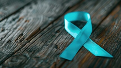 Blue ribbon on textured wooden background symbolizing awareness for various causes