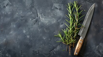 Fresh sprig of rosemary next to chef's knife on textured dark background