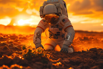 A man in a space suit kneels down in a field. He is wearing a bulky white suit, and the helmet obscures his face. The field is sparse, with patches of greenery