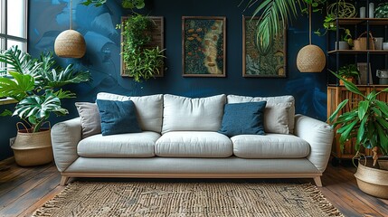 modern living room mock up with leather armchair on wood flooring and dark blue wall - obrazy, fototapety, plakaty