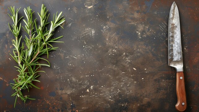 Branch of fresh rosemary beside chef's knife on worn metal background